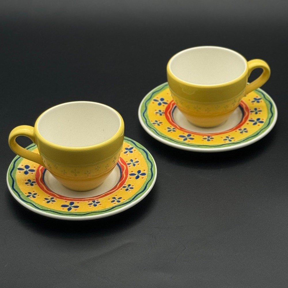 Espresso Cup Saucer Set P.V. Italy Ceramic Yellow Floral Mediterranean 2pc Rare